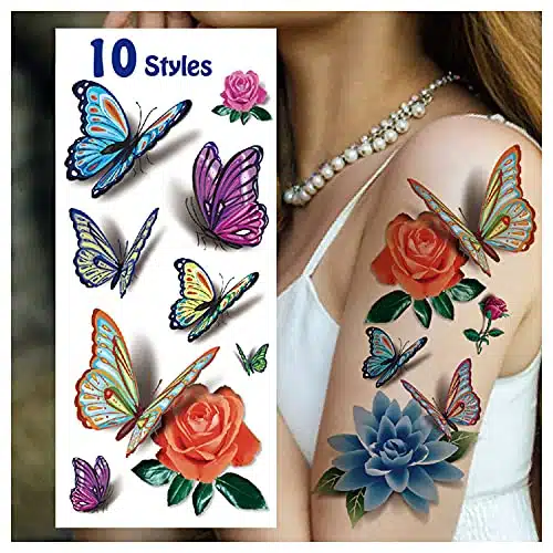 Cerlaza Styles Temporary Tattoos For Women Adults, D Butterfly Tattoo Stickers Realistic Tatuajes Temporales Woman, Waterproof Long Lasting Flower Fake Tattoos Sexy Semi Perma