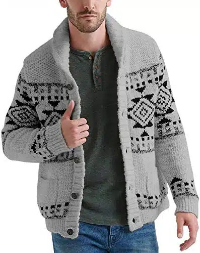 Esobo Men'S Shawl Collar Cardigan Sweater Multi Color Button Down Knitted Sweaters With Pockets Dark Grey