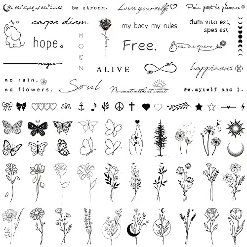 Realistic Temporary Tattoos For Women   Sheets Tiny Small Removable Adult Fake Tattoos,Pcs Minimalist Waterproof Inspirational Quotes Words Wild Flower Floral Bouquet Adults T