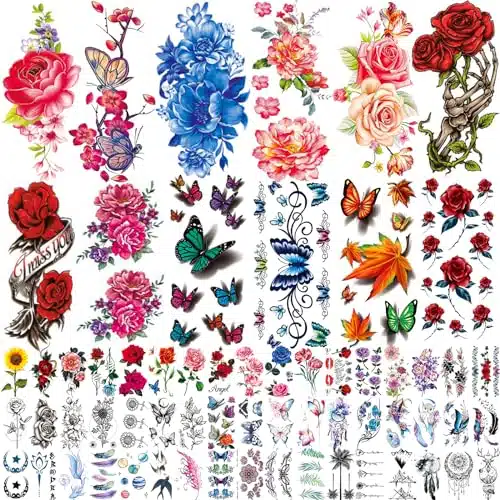 Sheets Flowers Temporary Tattoos Stickers, Roses, Butterflies And Multi Colored Mixed Style Body Art Temporary Tattoos For Women, Girls Or Kids