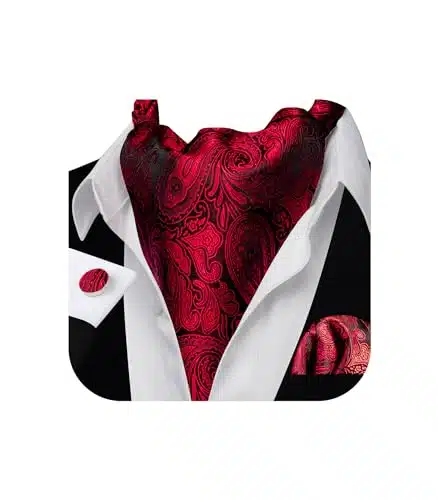 Barry.wang Mens Ascot Ties Cravat Tie Paisley Red Handkerchief Set Cufflinks Scarf Wedding Party