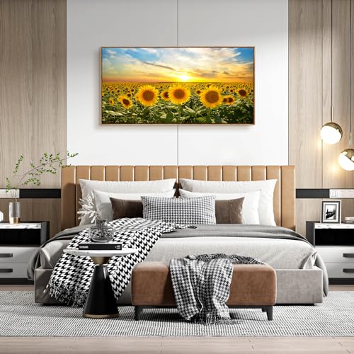 Cao Gen Decor Art Wkall Art Natural Wood Framed Canvas Painting Sunset Sunflowers Picture Poster Print Yellow Flowers Extra Framed Ready To Hang For Living Room Bedroom Office