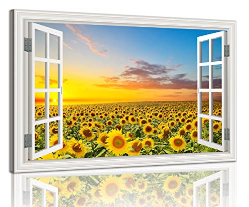 Sunflower Wall Art Decor For Living Room Window Style Sunset Canvas Picture For Bedroom Realism Yellow Flowers Filed Artwork For Bathroom Nature Landscape Prints Paintings For