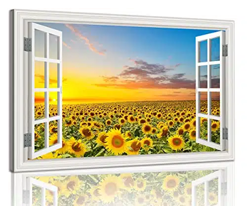 Sunflower Wall Art Decor for Living Room Window Style Sunset Canvas Picture for Bedroom Realism Yellow Flowers Filed Artwork for Bathroom Nature Landscape Prints Paintings for